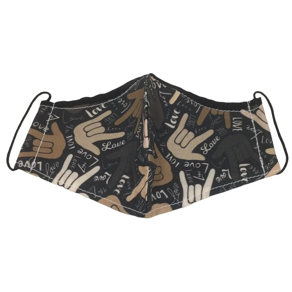 Face Mask Fabric Adult Size ASL I Love You ILY Hand Sign Deaf Black Brown NEW
